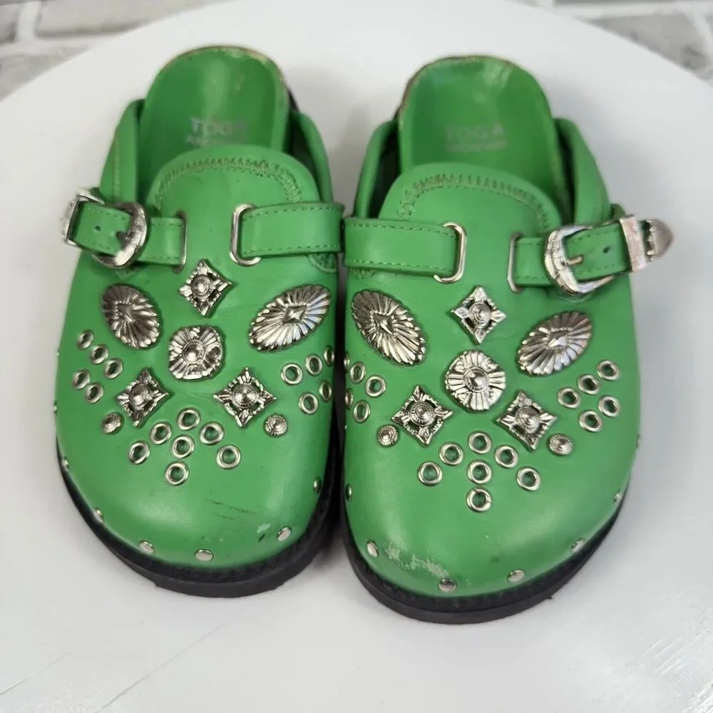 Toga Virilis Archives Green Metal Sabot Eyelet Mules Size 31 EU- US 13/13.5 Kids